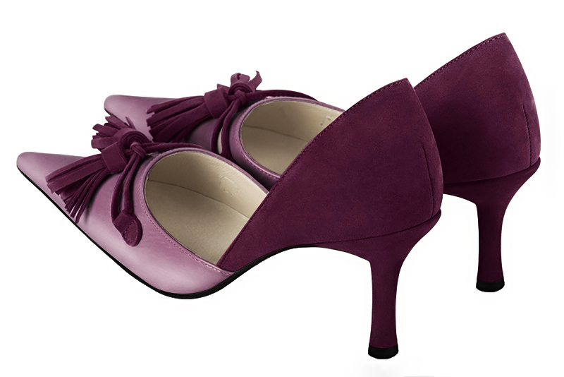 Mauve purple and wine red women's open arch dress pumps. Pointed toe. High slim heel. Rear view - Florence KOOIJMAN